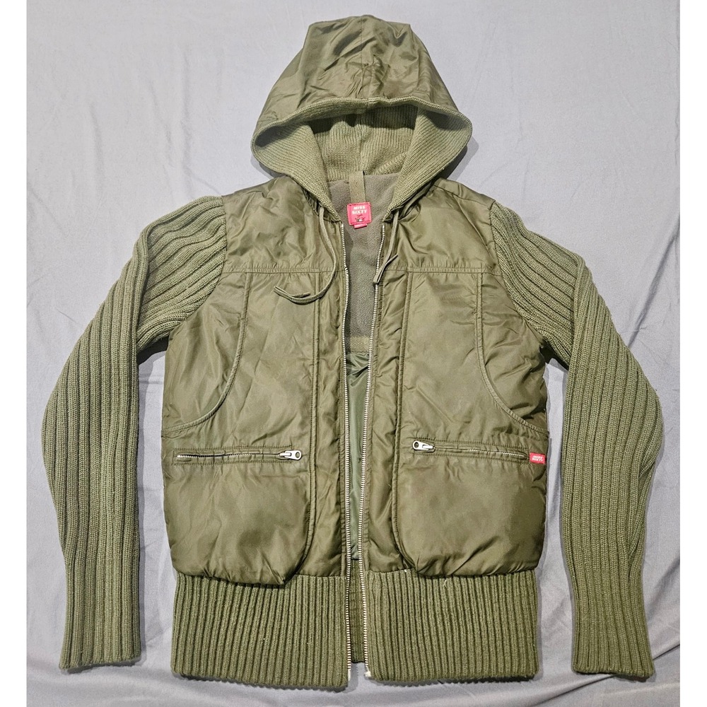Miss Sixty Jacket Women XS Olive Hybrid Knit Puffer Hooded Y2K Italy *NO ZIPPER